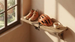 Sportschuhe, Fahrradhelm und Tasse auf einer Holzablage neben dem Fenster