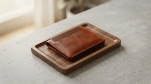 Lederne Geldbörse mit einer schlichten Bankkarte auf einer Holzablage