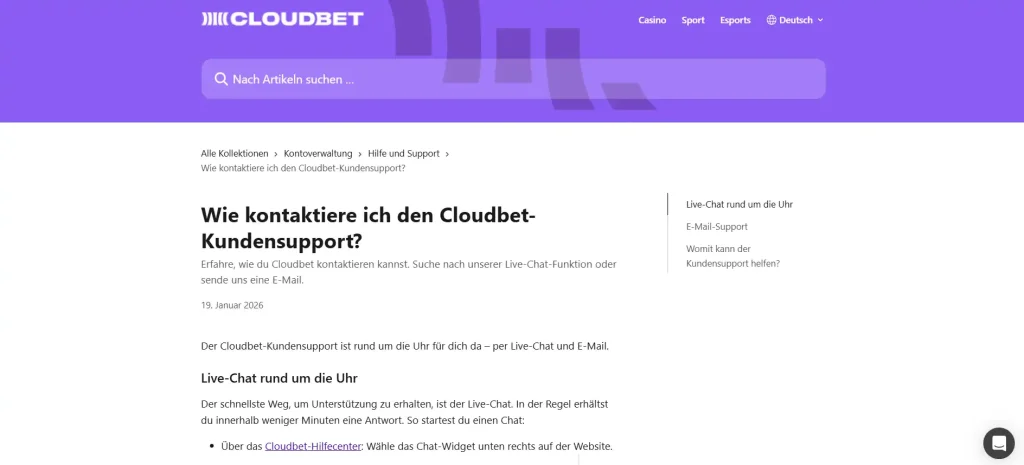 Cloudbet-Hilfeseite mit Kontaktwegen und Informationen zur Erreichbarkeit