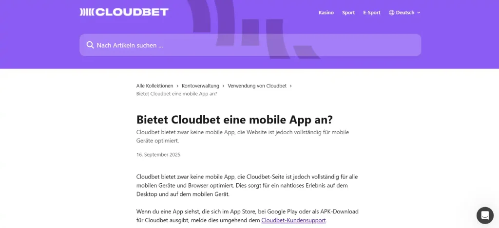 Cloudbet-Hilfeartikel zur Browsernutzung auf einem mobilen Gerät