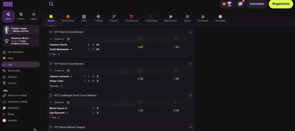 Live-Sportübersicht bei Cloudbet mit laufenden Partien und wechselnden Quoten