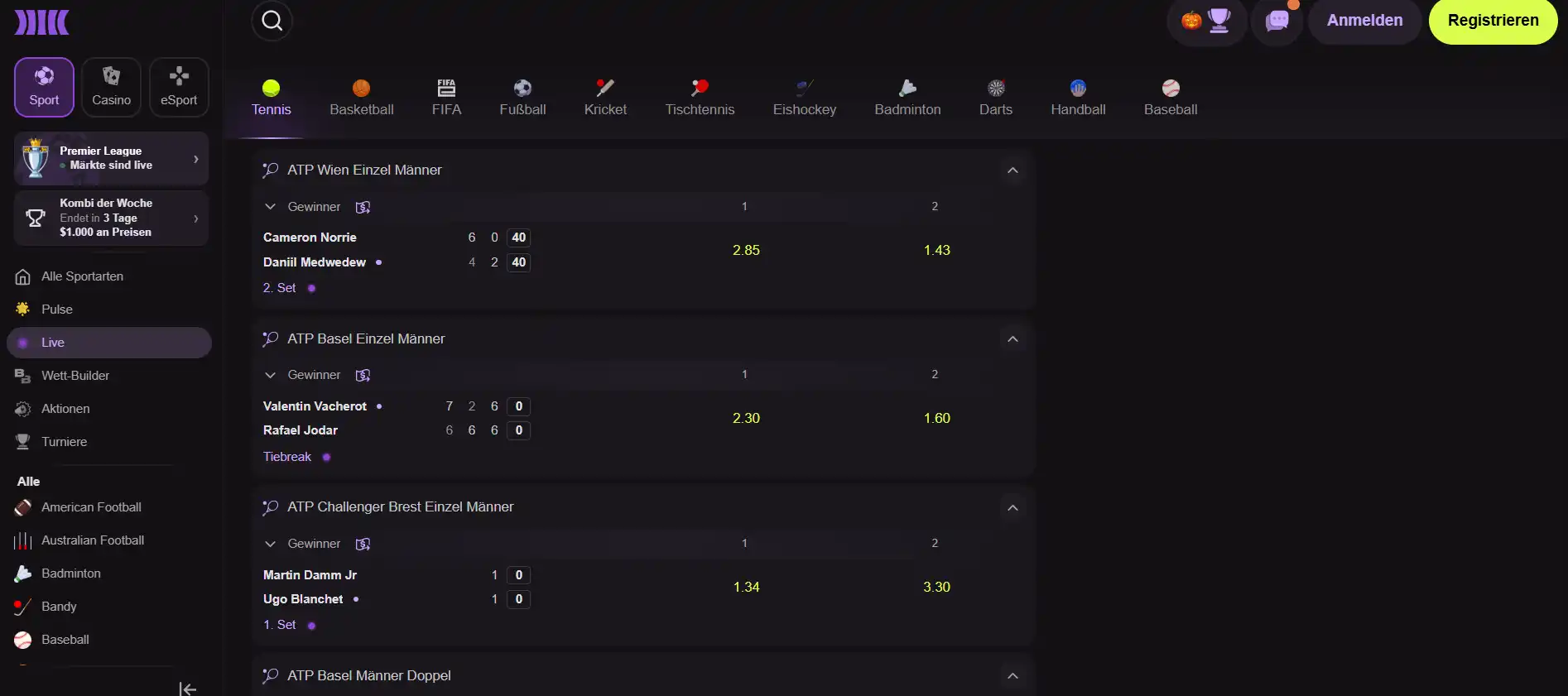 Live-Sportübersicht bei Cloudbet mit laufenden Partien und wechselnden Quoten