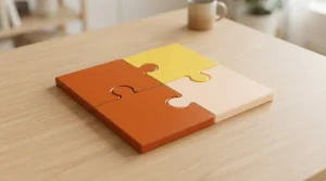 Vier zusammengefügte Puzzleteile auf einem hellen Holztisch