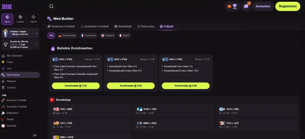 Sportwettübersicht mit Ligaauswahl und kombinierten Wettmärkten bei Cloudbet